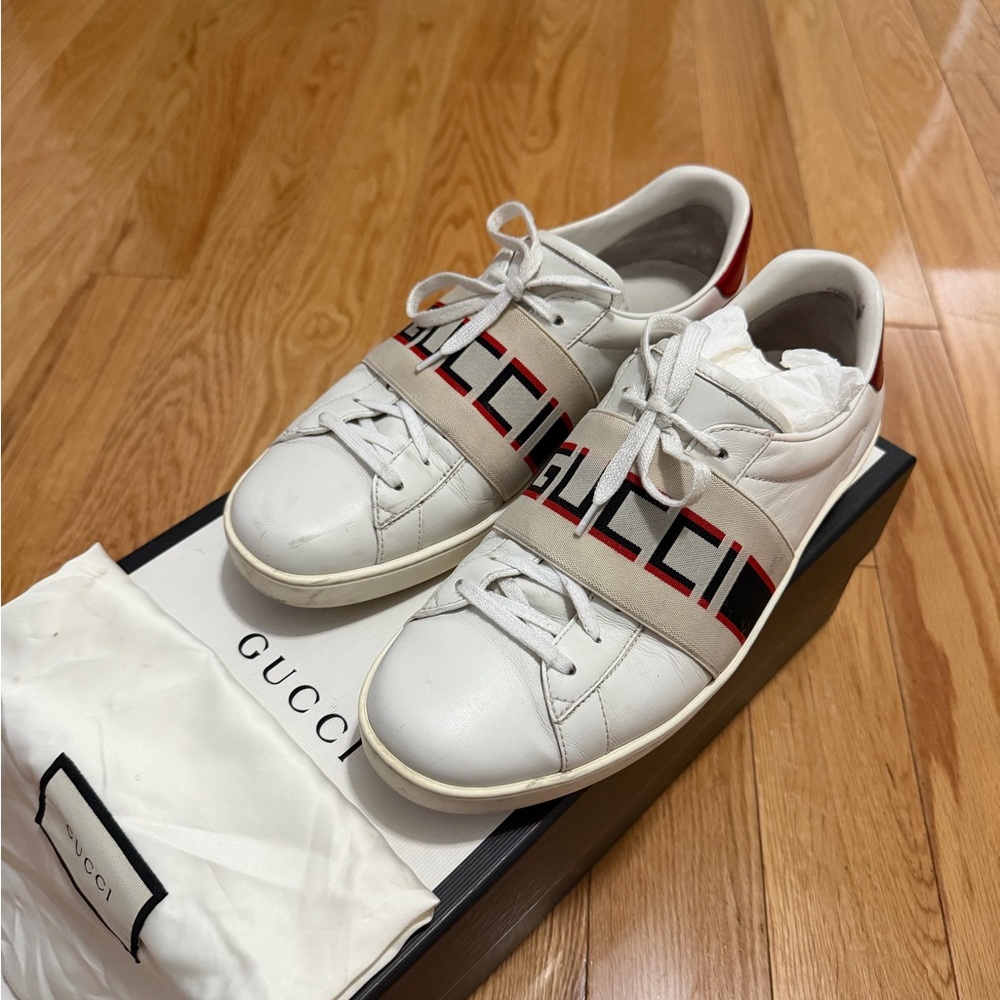 Gucci White Sneakers with Red and Black Stripes